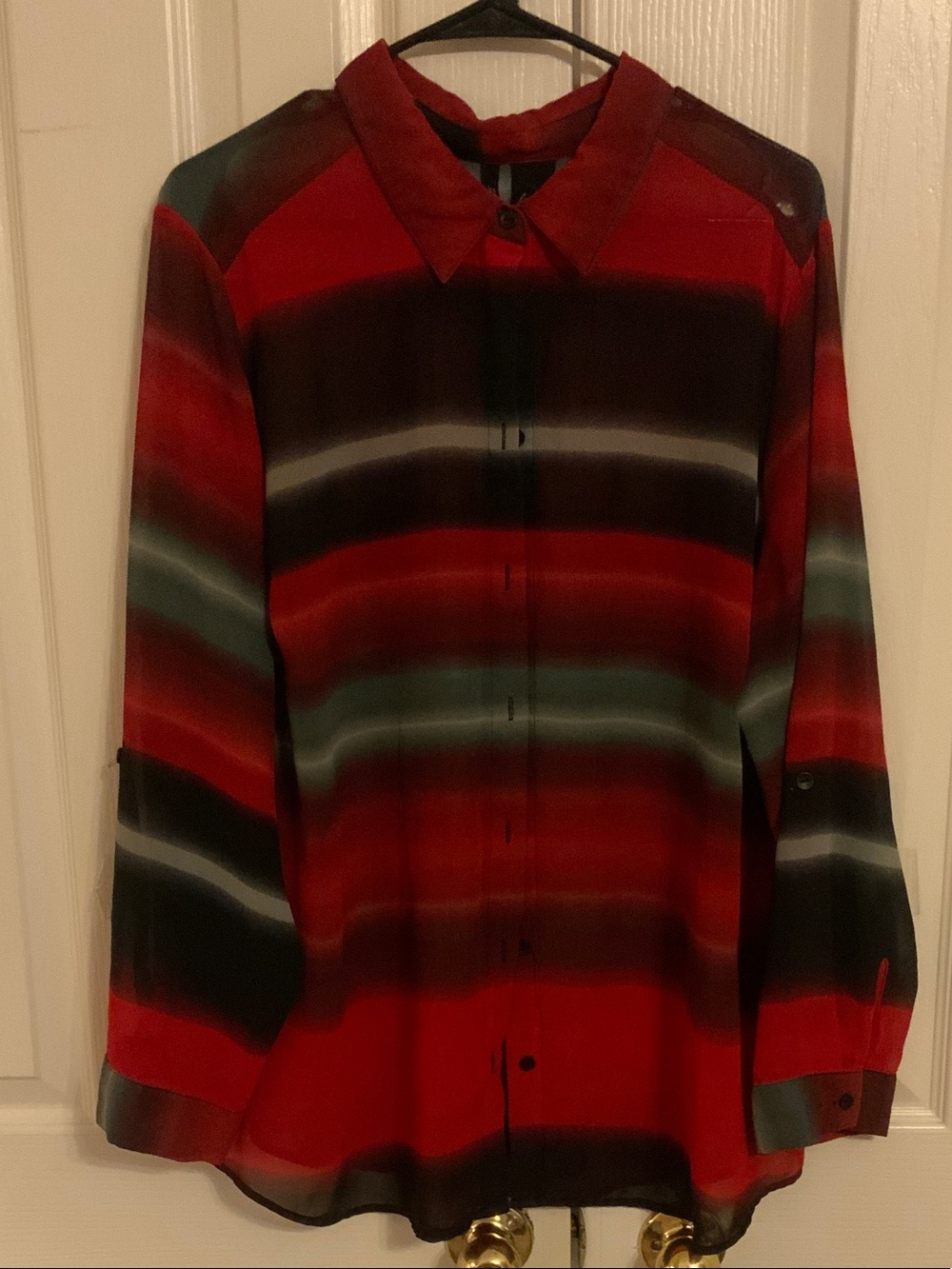 New Directions Red and Black Striped Button-Down Sheer Polyester Shirt - 3X